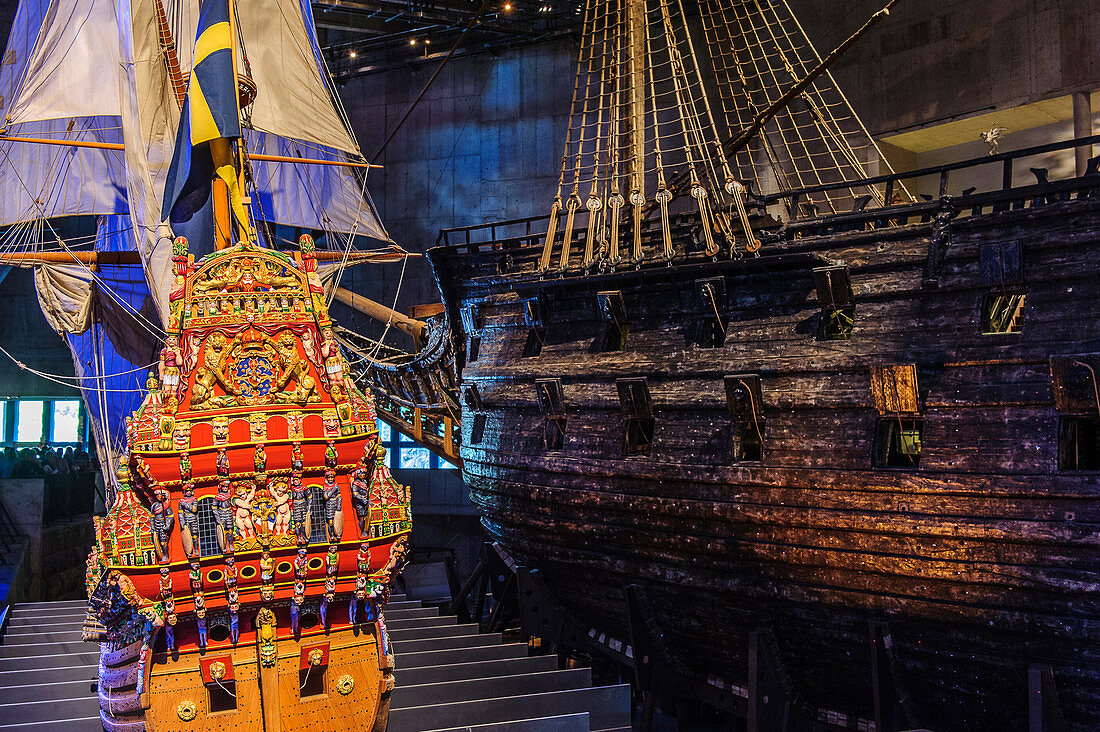 Model of the Vasa next to the original in the Vasa Museum, Stockholm, Sweden