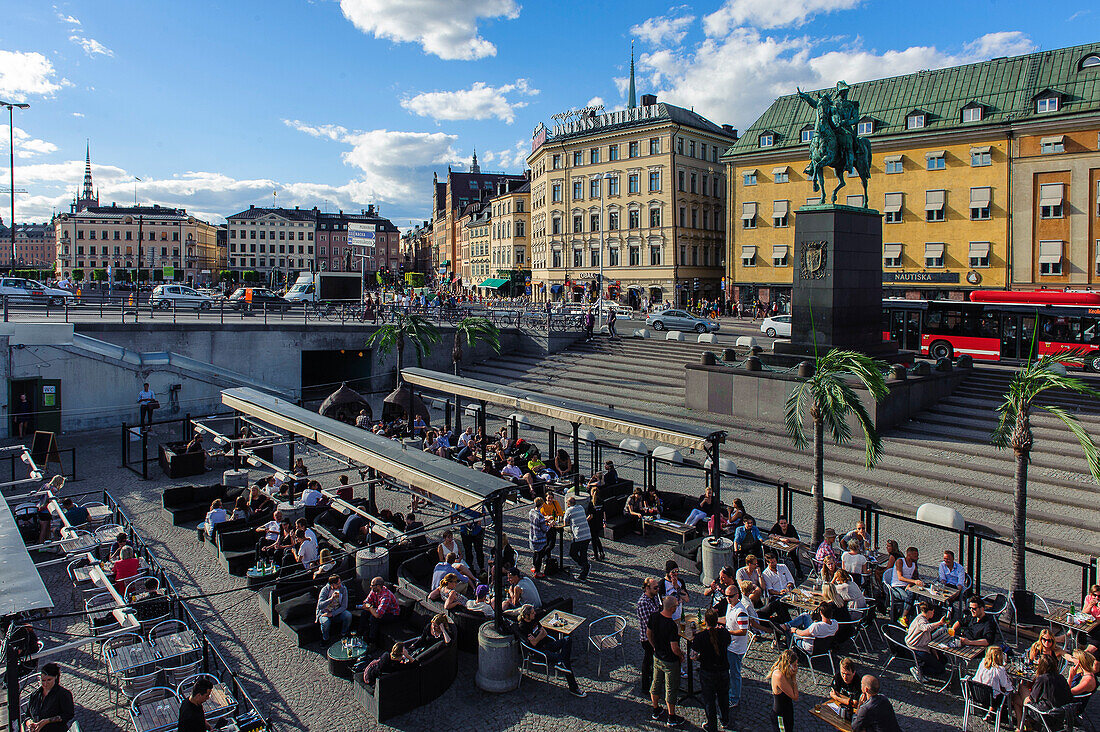 Karl Johanns the 14th monument and square with open air Bar Cafe, Stockholm, Sweden