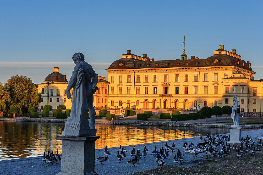 Skulpturen und Wildgänse vor dem Schloss Drottningholm , Stockholm, Schweden