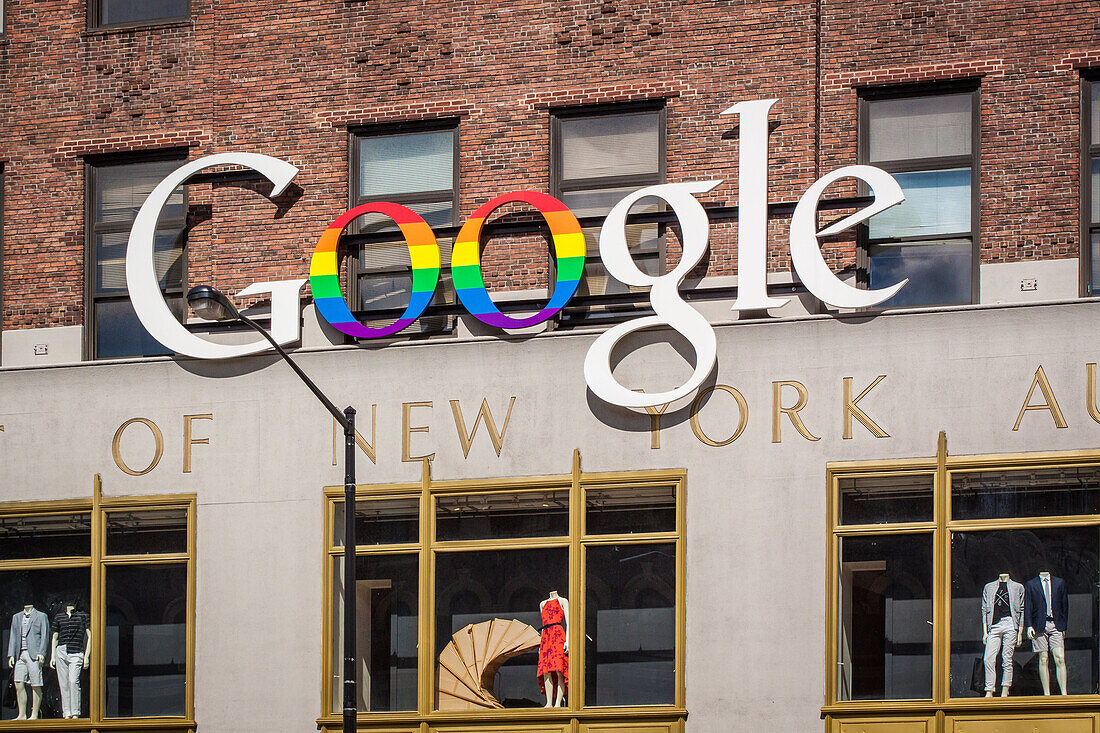 facade of google's new york headquarters, meatpacking district, manhattan, new york city, state of new york, united states, usa