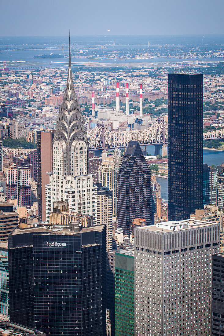 view of the chrysler building and the queensboro bridge from the observatory of the empire state building, midtown, manhattan, new york city, state of new york, united states, usa
