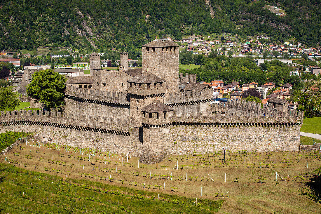 view of montebello castle and castelgrande castle in bellinzona, listed as a world heritage site by unesco, bellinzona, canton of ticino, switzerland