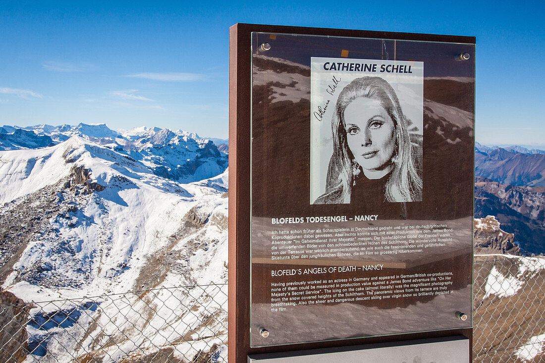 sign presenting catherine schell who played the role of nancy in the james bond film on her majesty's secret, terrace of the restaurant at the summit of the schiltorn, piz gloria, bernese alps, canton of berne, switzerland