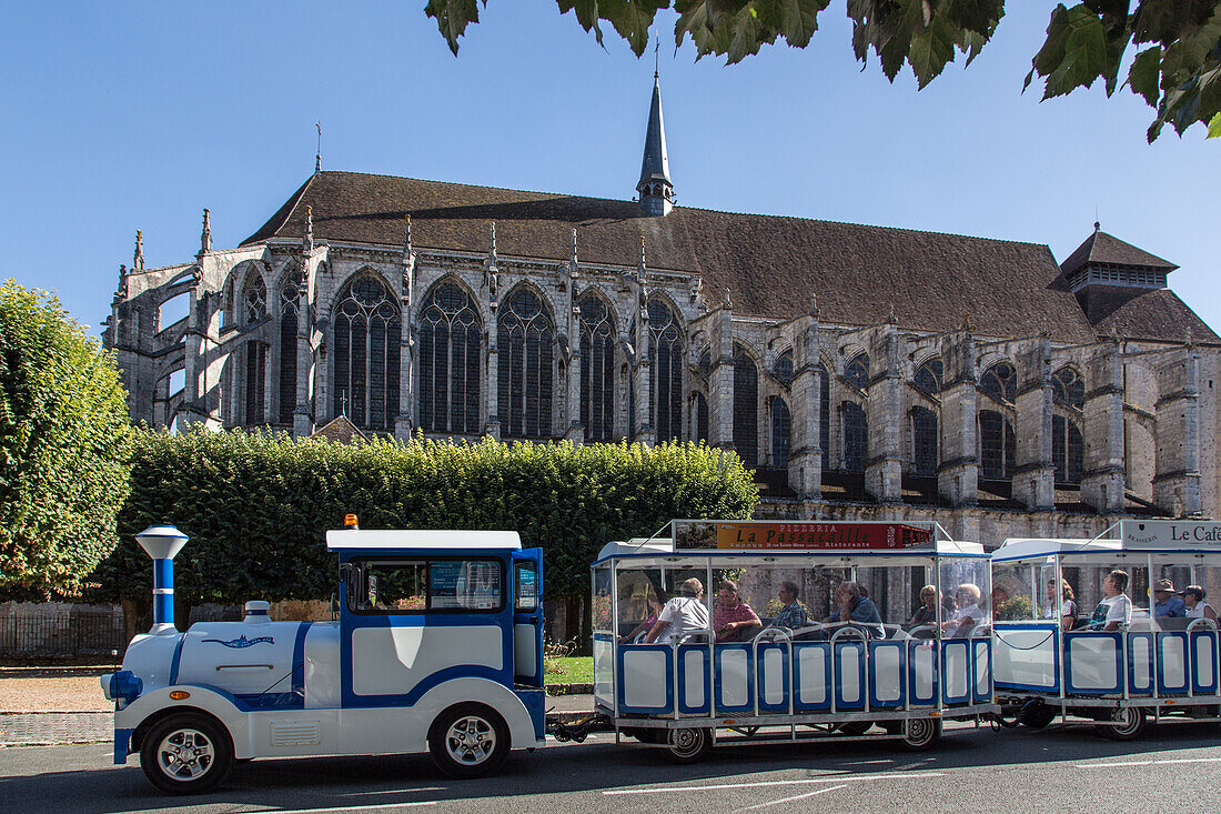 the blue sightseeing train in front of the saint-pierre church, chartres (28), france