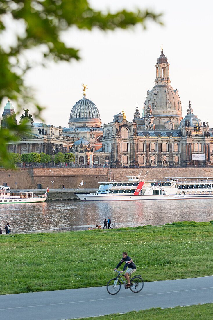 panorama view, skyline, view over the river Elbe to Brühl's Terrace, Canaletto-view, Frauenkirche, steamboat, steamer, tourists, hiking, Dresden, Saxony, Germany, Europe