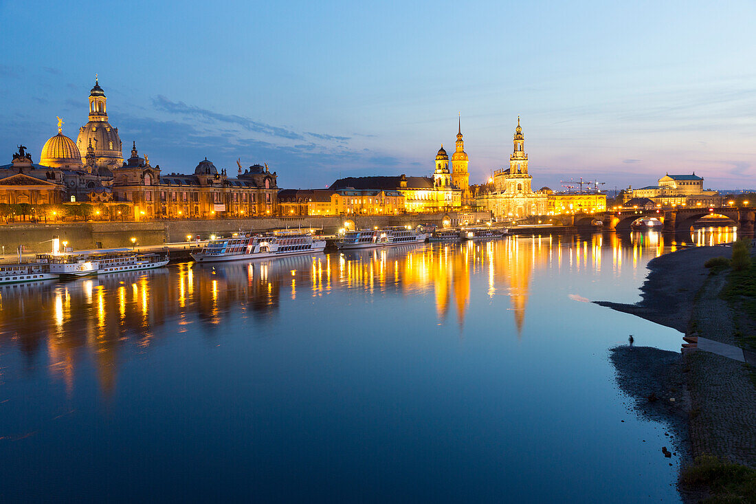 panorama view, skyline, twilight, dawn, view over the river Elbe to Brühl's Terrace, Canaletto-view, chathedral, Catholic Court Church, Royal Palace,  steamboat, steamer, Albertbridge, Semper Opera House, Dresden, Saxony, Germany, Europe
