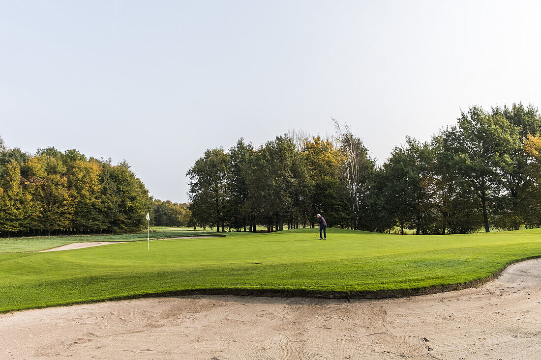 golf player and sand bunker on a golf course near Hamburg, north Germany, Germany