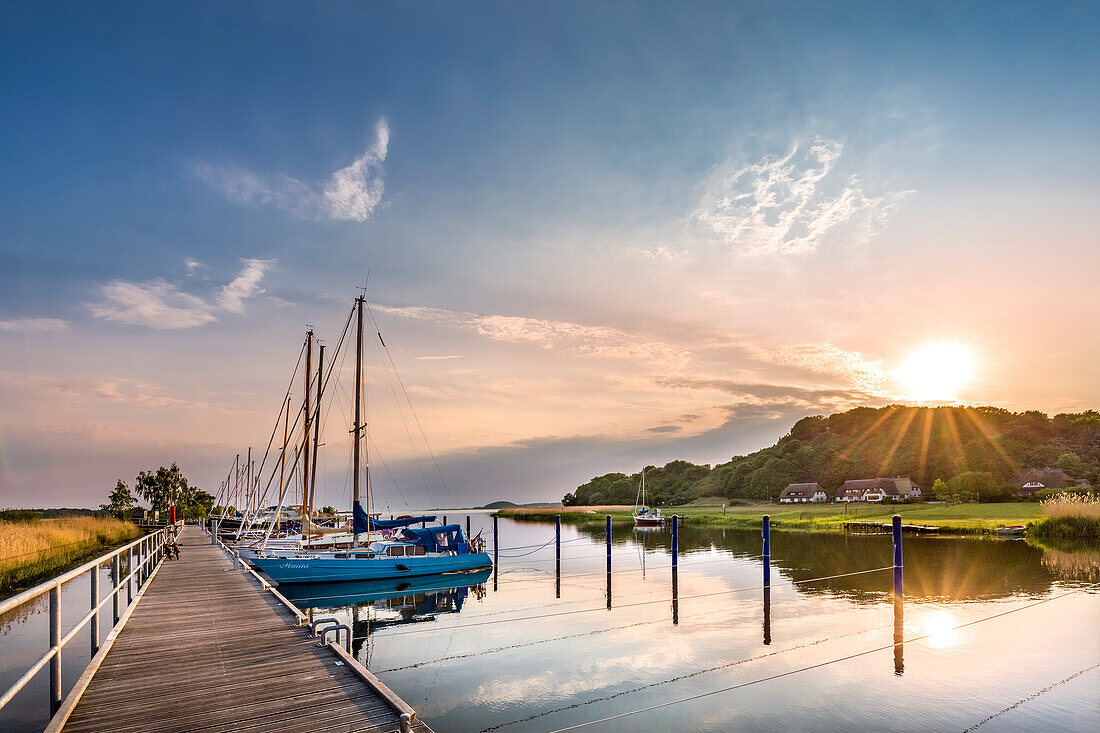 Sunset in the harbour, Baabe, Ruegen Island, Mecklenburg-Western Pomerania, Germany