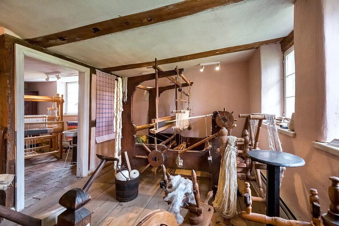 Weaving loom, historic crafts museum, Gingst, Ruegen Island, Mecklenburg-Western Pomerania, Germany