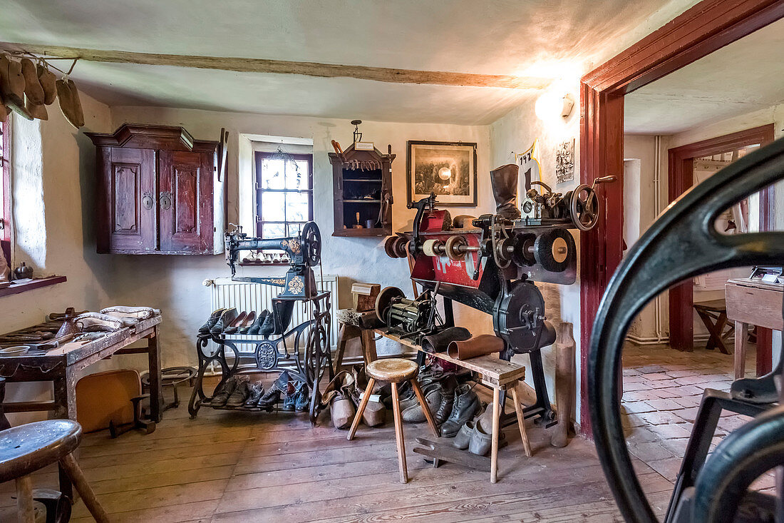Cobblers studio, historic crafts museum, Gingst, Ruegen Island, Mecklenburg-Western Pomerania, Germany