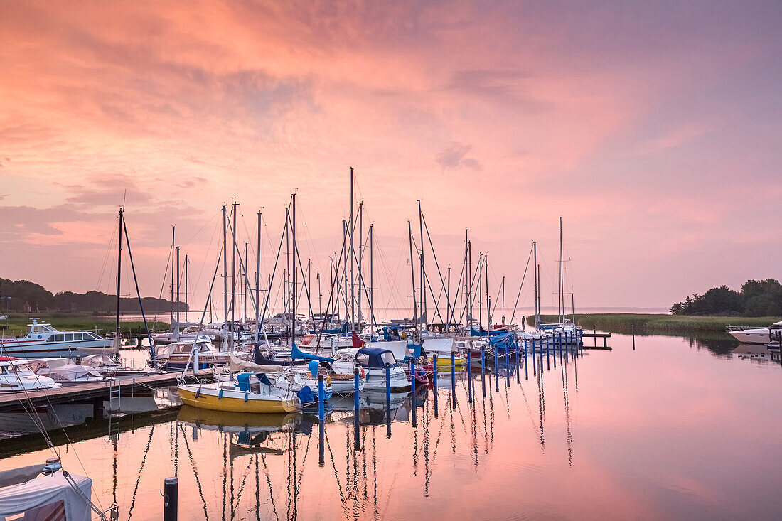 Sundown at marina, Jasmunder Bodden, Ralswiek, Rügen Island, Mecklenburg-Western Pomerania, Germany