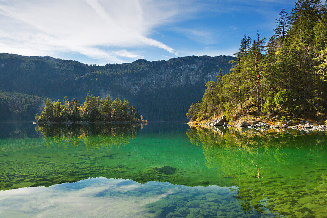 Small island at Eibsee, Werdenfelser Land, Bavaria, Germany