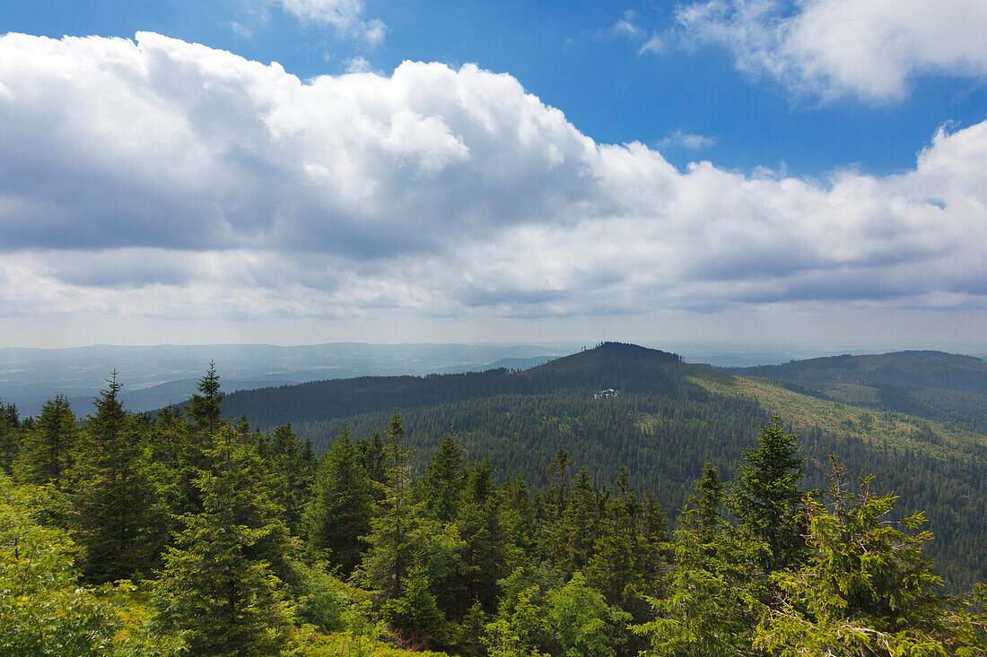 Blick vom Großen Arber zum Kleinen Arber mit der Chamer Hütte, Bayrischer Wald, Bayern, Deutschland