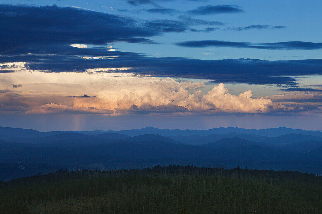 View from Lusen towards Thunderclouds above the Bavarian Forest, Bavaria, Germany