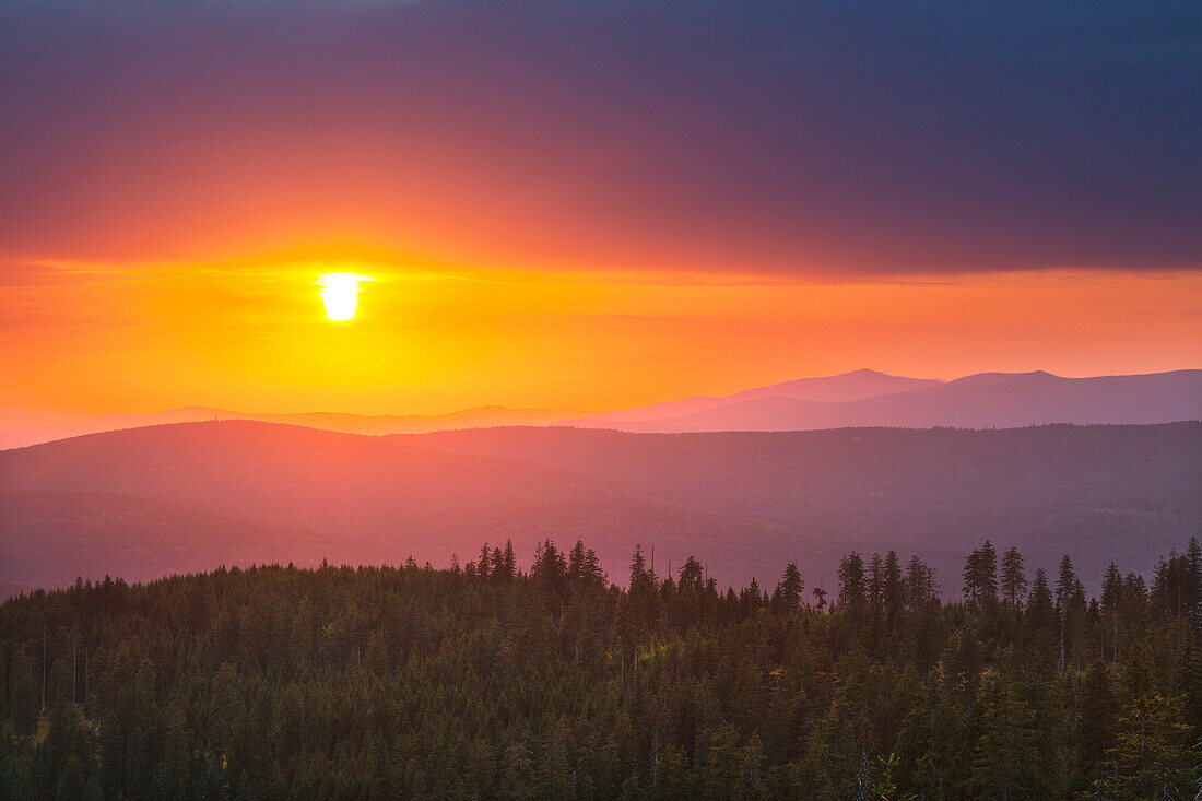Sunset, view from Dreisessel mountain over the Bavarian Forest, Bavaria, Germany