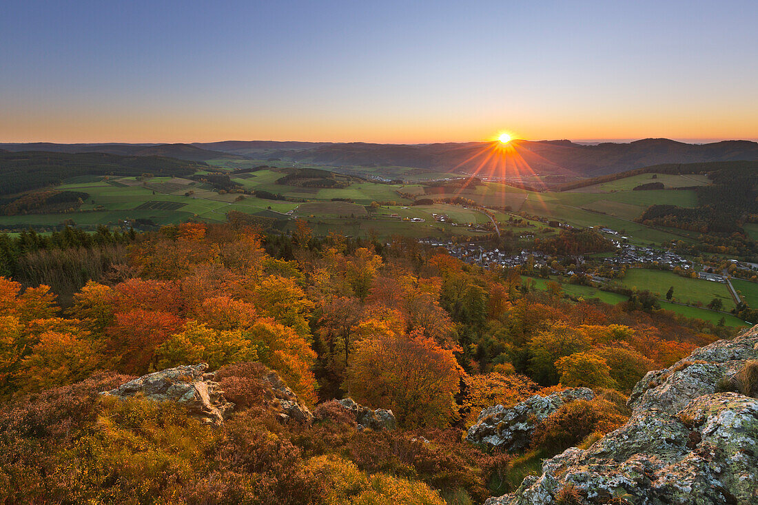 View from Bruchhauser Steine to Bruchhausen village, near Olsberg, Rothaarsteig hiking trail, Rothaar mountains, Sauerland, North Rhine-Westphalia, Germany