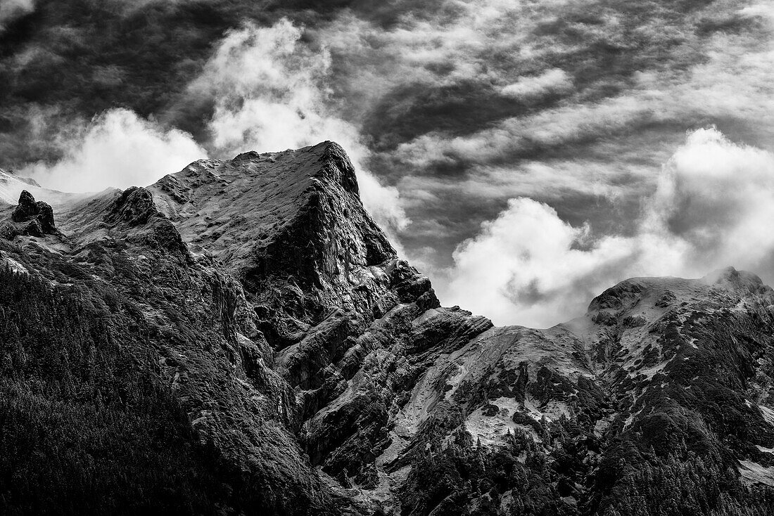 First snow on the peaks, Valley Risstal, Karwendel region, Tirol, Austria