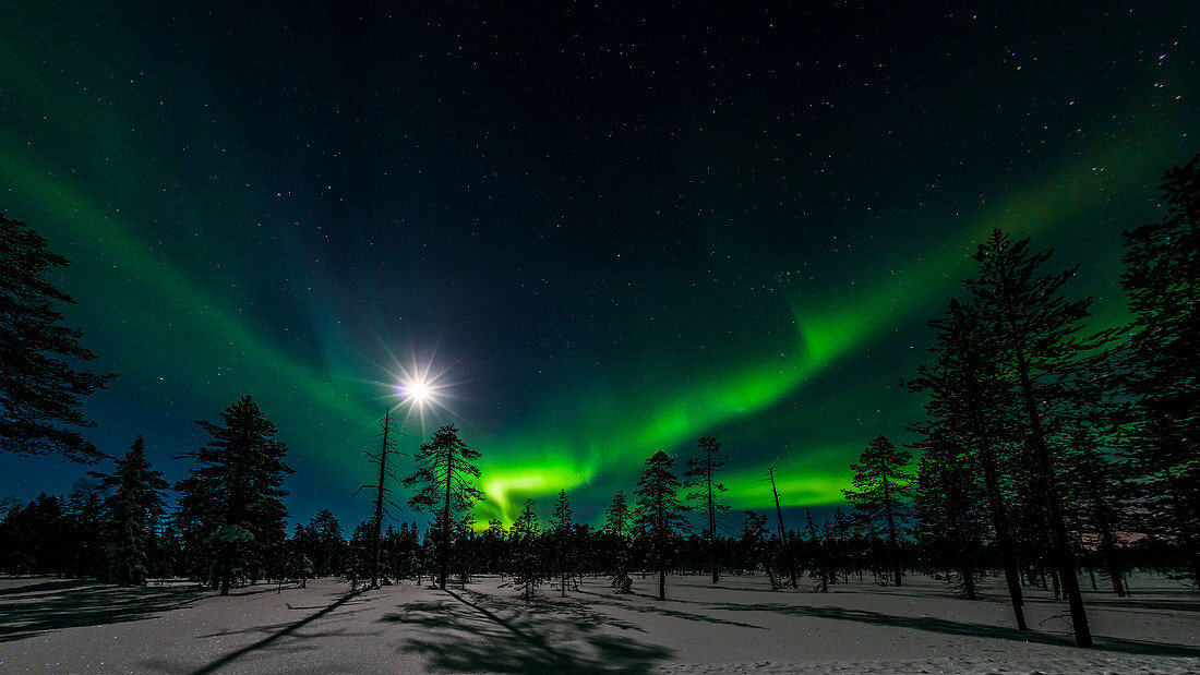 Northern lights and full moon near Luosto, finnish Lapland
