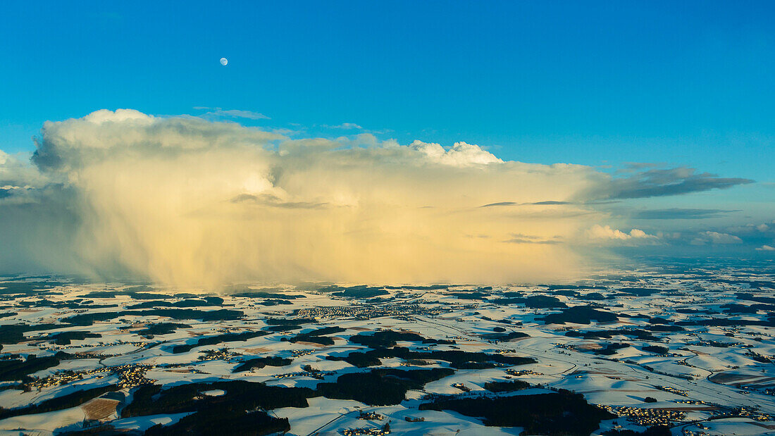 aerial shot of a thunderstorm in wintertime in the area of Landshut, Bavaria, Germany