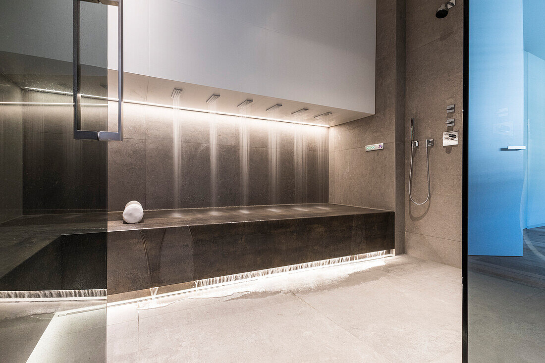 Regendusche im Badezimmer eines modernen Architekturhauses im Bauhausstil, Oberhausen, Nordrhein-Westfalen, Deutschland