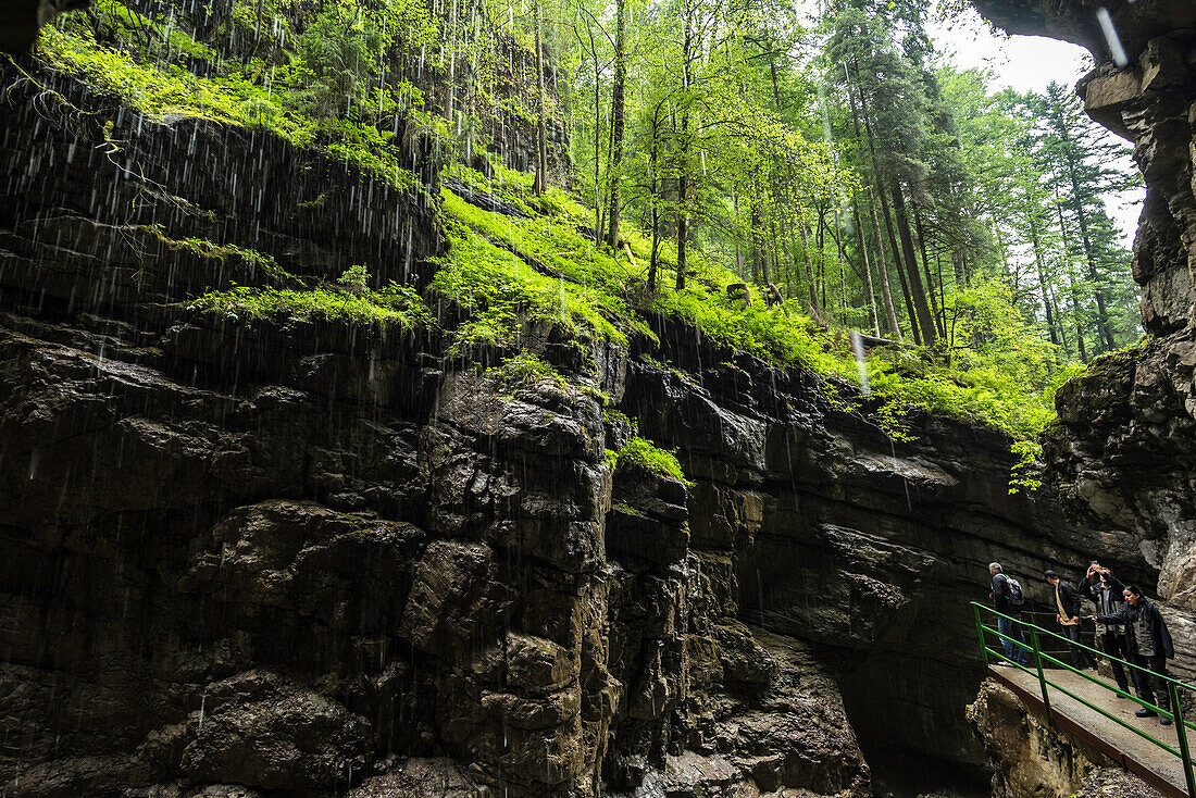 Flusslandschaft, Wasserlauf, Berg, Wasserkaskade, Schmelzwasser, Regenwasser, Wanderer, Wanderurlaub in der Natur, Breitachklamm, Bayern, Oberallgäu, Oberstdorf