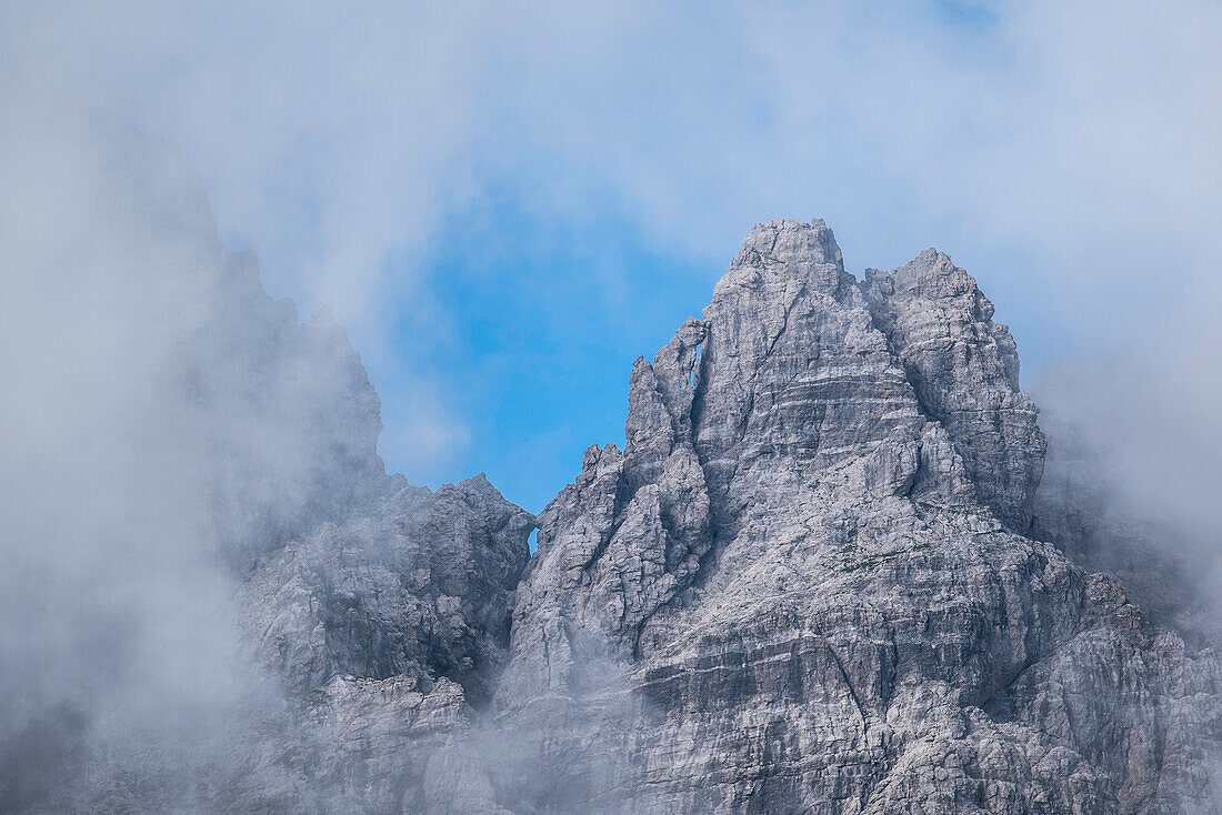 Mountain landscape, Mountain, Summit, Rock, Massif, Rocky, Climbing, Clouds, Fog, Weather, Nature, Mountain tour, Hiking trails, Allgaeu, Alps, Bavaria, Oberstdorf, Germany