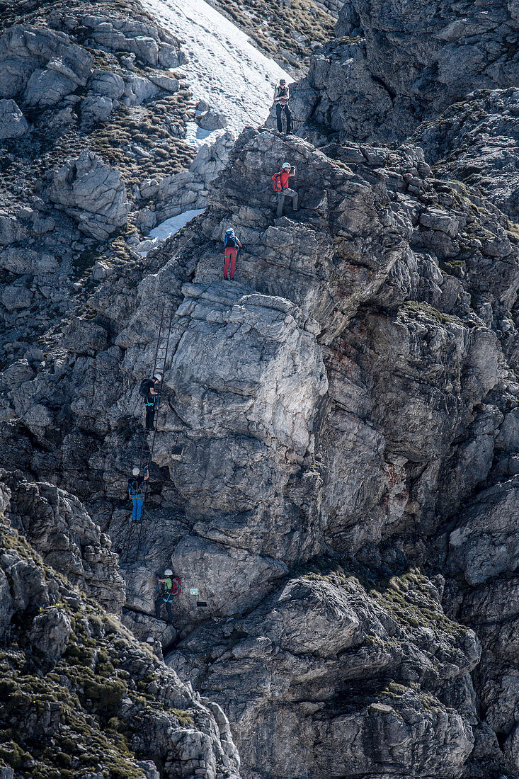 Germany, Bavaria, Alps, Oberallgaeu, Oberstdorf, Excursion, Climbing, Via Ferrata, Mountain Hike towards summit cross, Climbing tour, Summer Holidays, Summit Cross