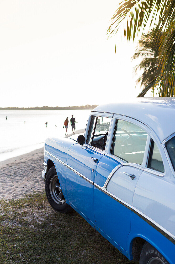 Oldtimer, old car at the beach of Playa Larga, family travel to Cuba, parental leave, holiday, time-out, adventure, Playa Larga, bay of pigs, Cuba, Caribbean island