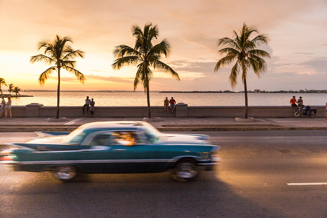 Oldtimer driving along the Malecon of Cienfuegos, meeting point in the evening and at night, nightlife, empty street, palm tree, colonial town, family travel to Cuba, parental leave, holiday, time-out, adventure, Cienfuegos, Cuba, Caribbean island
