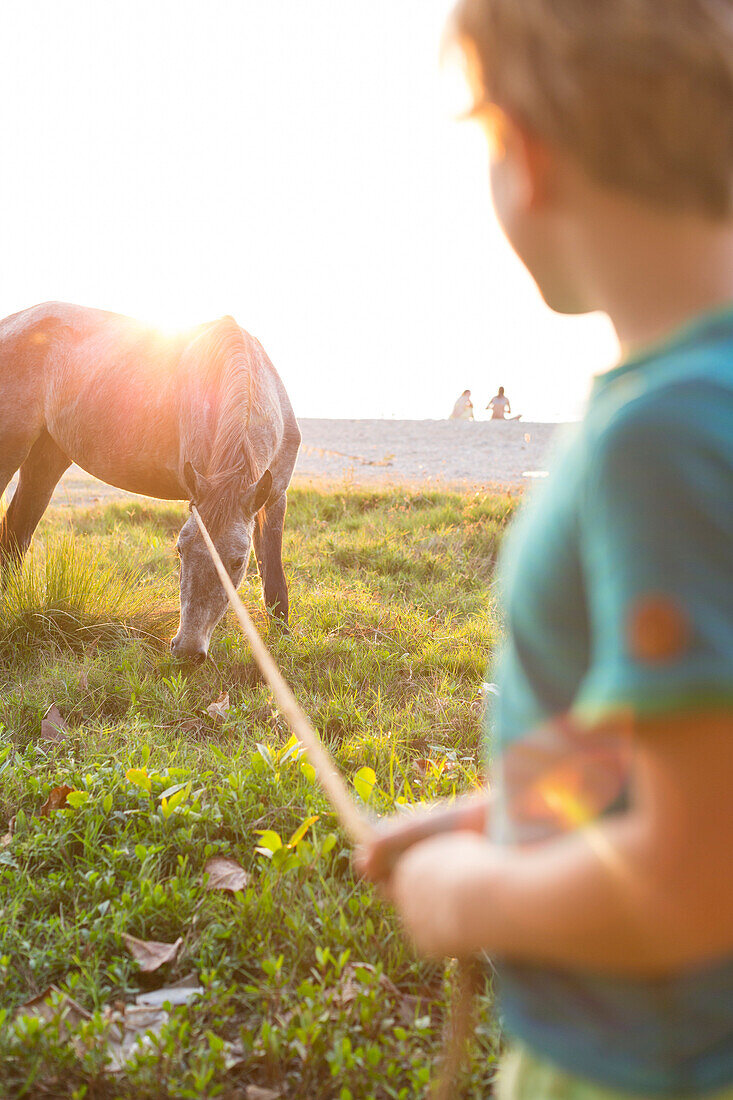 boy, 6 years with horse, on the beach of La Boca, family travel to Cuba, parental leave, holiday, time-out, adventure, MR, La Boca, Trinidad, Cuba, Caribbean island