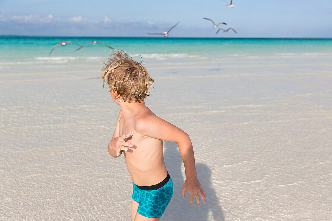 boy running away from gulls, tourists at the most beautiful beach in Cayo Guillermo, Playa Pilar, sandy dream beach, turquoise blue sea, family travel to Cuba, parental leave, holiday, time-out, adventure, MR, Playa Pilar, Cayo Guillermo, Jardines del Rey