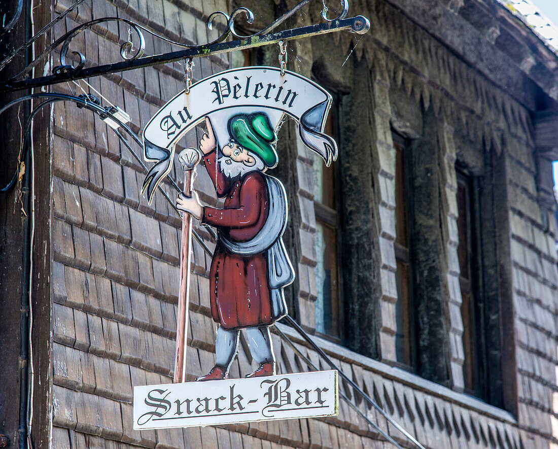 Normandy, Mont Saint Michel, snack bar sign (UNESCO World Heritage) (on the way to Santiago de Compostela)