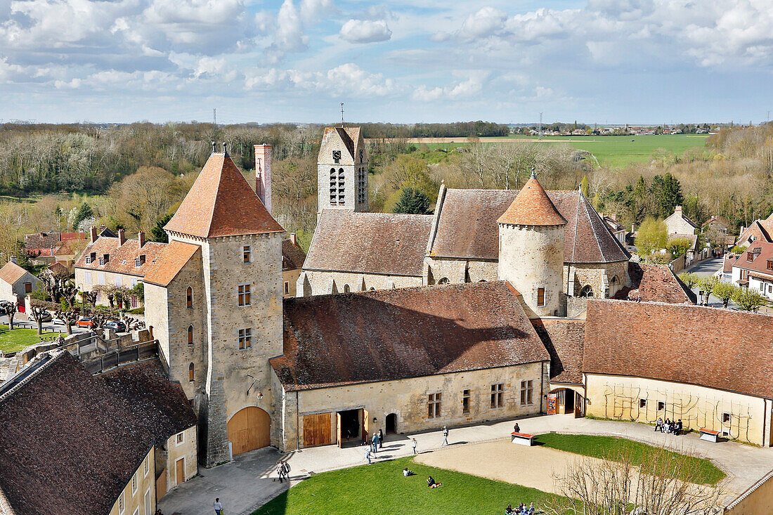 Seine et Marne, Blandy les Tours, castle. General view of the inner courtyard. In the background the Saint Maurice church.