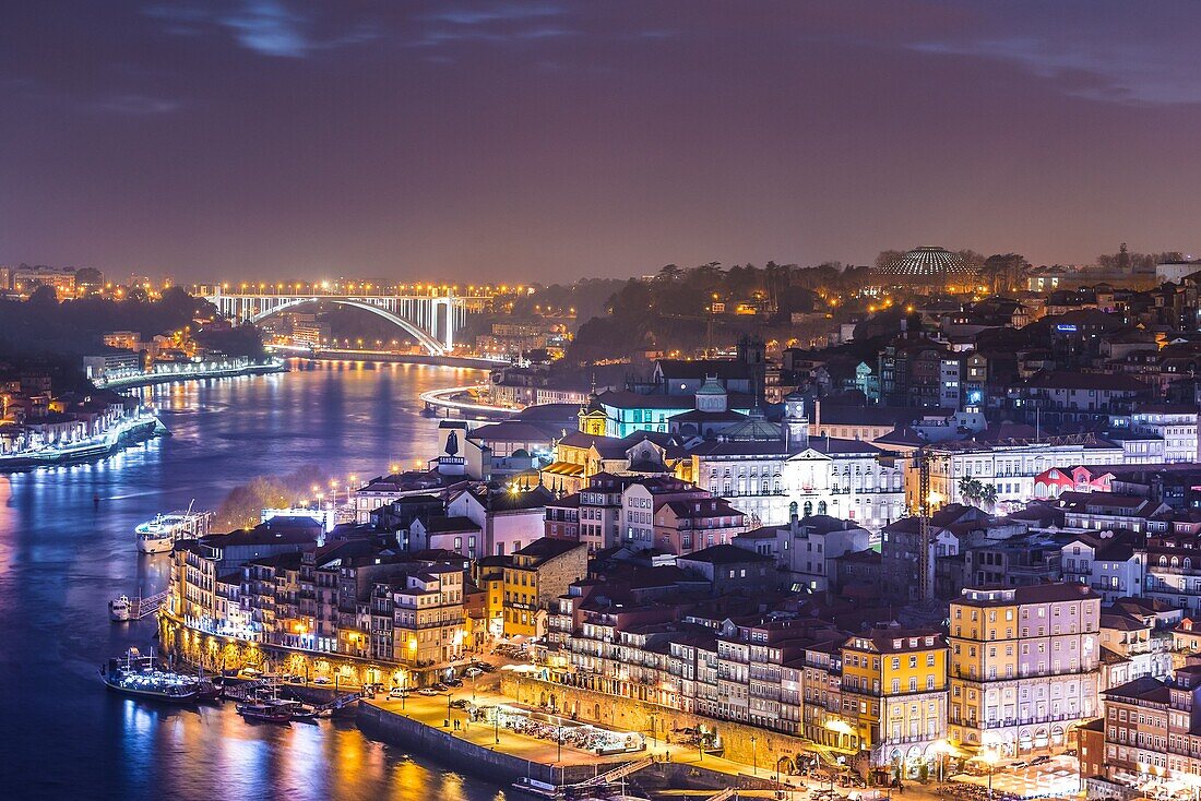 Aerial view on Douro River and Arrabida Bridge between cities of Porto and Vila Nova de Gaia, Portugal