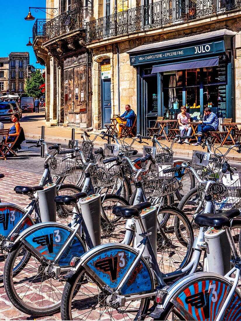 France, Nouvelle Aquitaine, Gironde, Place Saint Michel, at Bordeaux, with a parking of 'V3' (free use bicycles)
