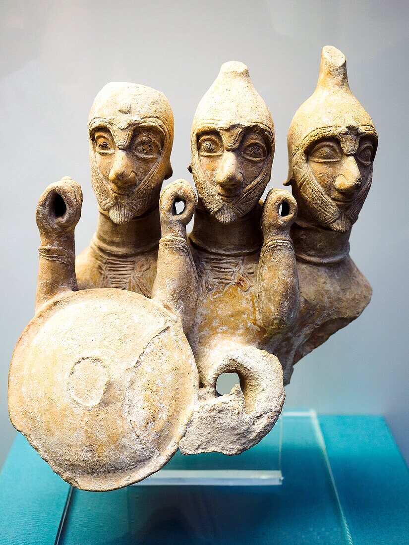 Triple-bodied terracotta warrior found near Pyrga, 500-550 BC