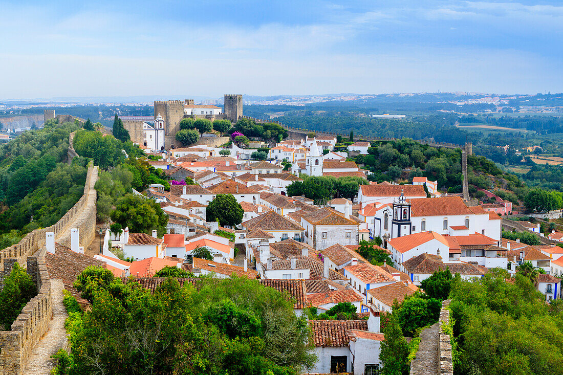 Streets and castle in the medieval walled village of Obidos in Portugal's Centro region, Portugal, Europe