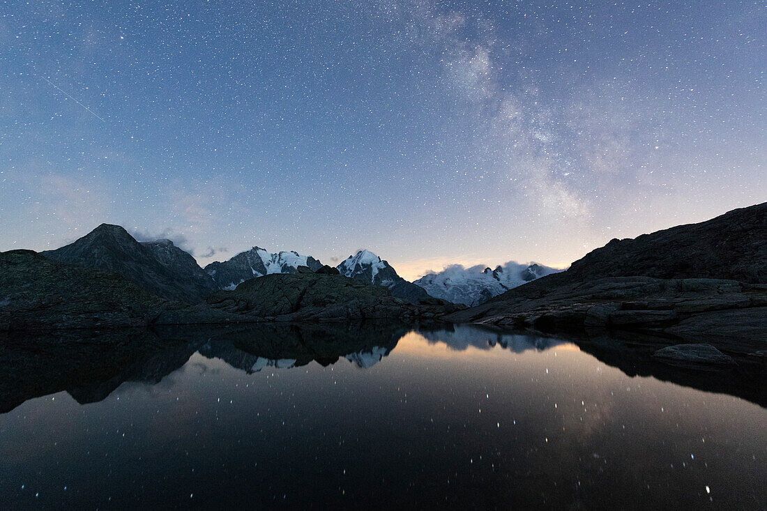 Milky Way on Piz Bernina, Fuorcla Surlej, Corvatsch, Engadine, Canton of Graubunden, Swiss Alps, Switzerland, Europe