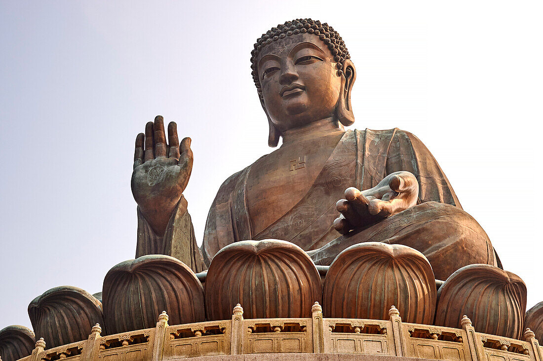 Big Buddha, showing the Buddhist swastika, Po Lin Monastery, Ngong Ping, Lantau Island, Hong Kong, China, Asia