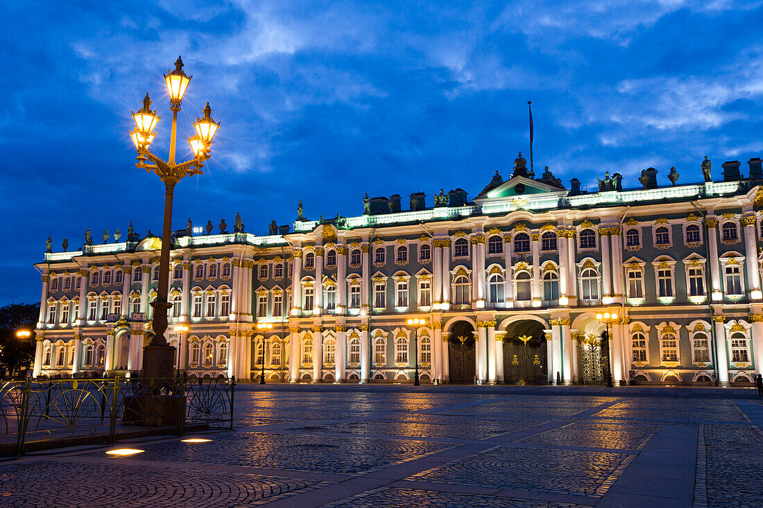 Evening view of State Hermitage Museum Winter Palace, UNESCO World Heritage Site, St. Petersburg, Russia, Europe