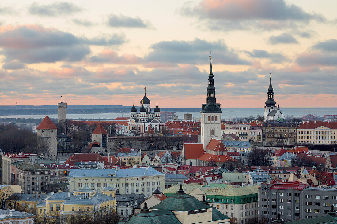 View over Old Town at sunset, UNESCO World Heritage Site, Tallinn, Estonia, Europe