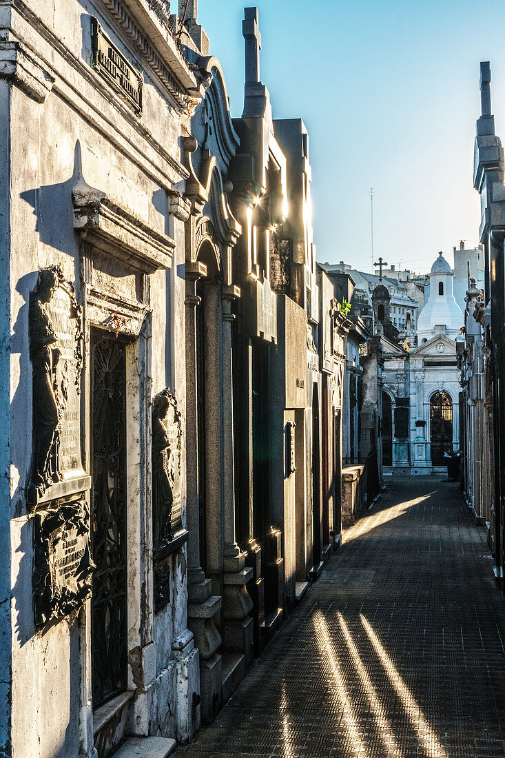 Vaults in evening sun in La Recoleta Cemetery, which lies right in the heart of the city, Buenos Aires, Argentina, South America