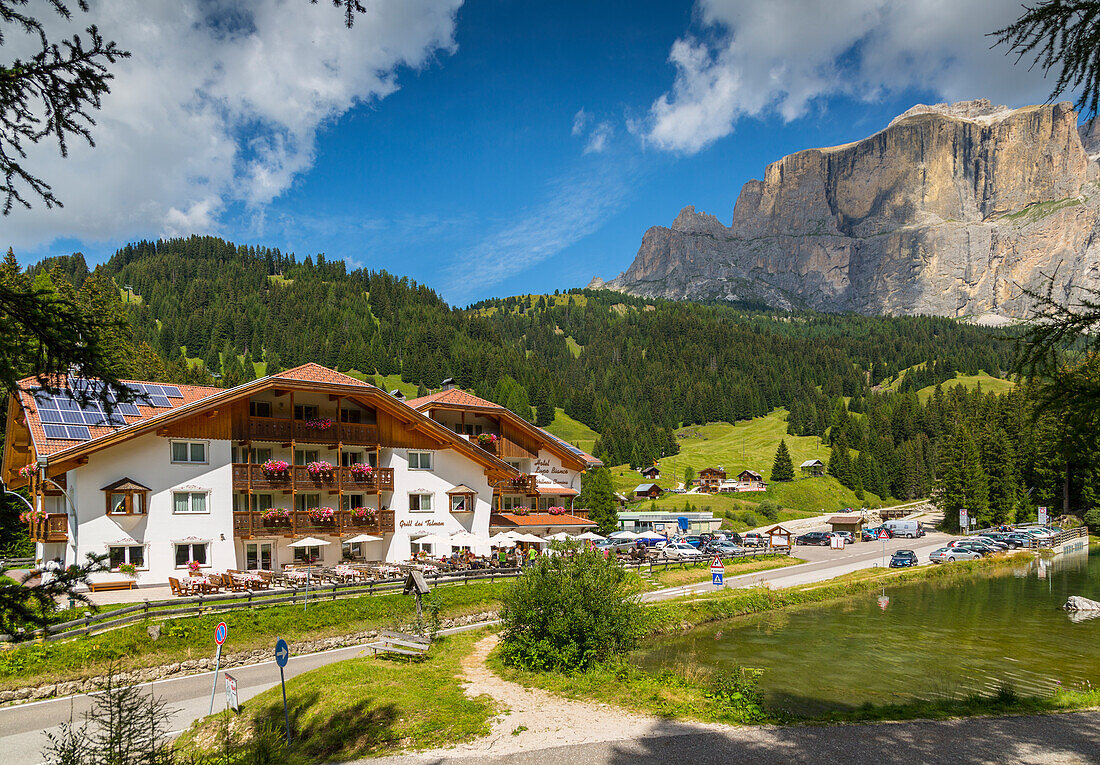 Hotel Lupo Bianco Wellness and Walking Canazei, Passo Pordoi with mountain backdrop, South Tyrol, Italian Dolomites, Italy, Europe