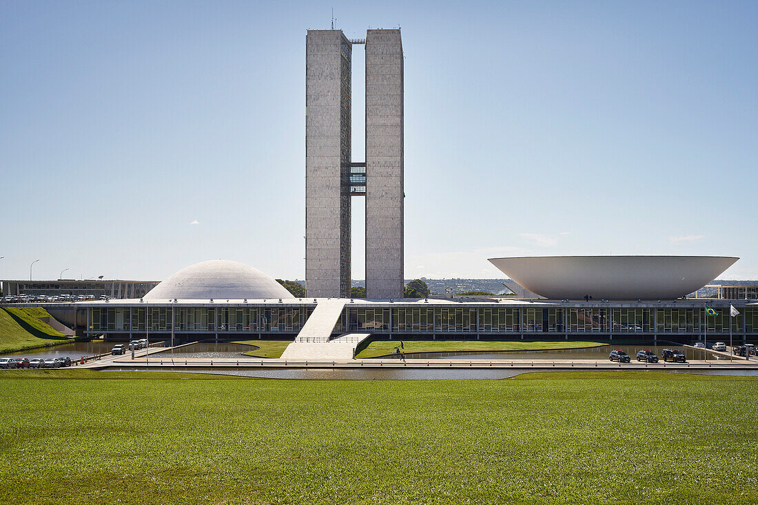 National Congress designed by Oscar Niemeyer in 1958 epitomises the design ethic and is at the heart of the Pilot Plan, UNESCO World Heritage Site, Brasilia, Brazil, South America
