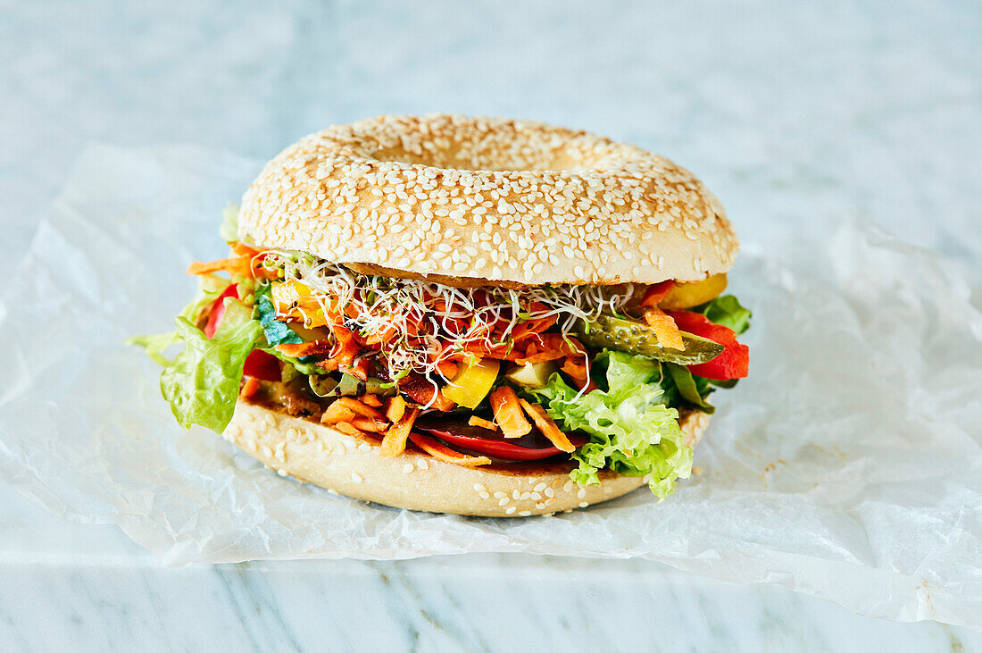 Close-up of fresh vegetarian burger on table
