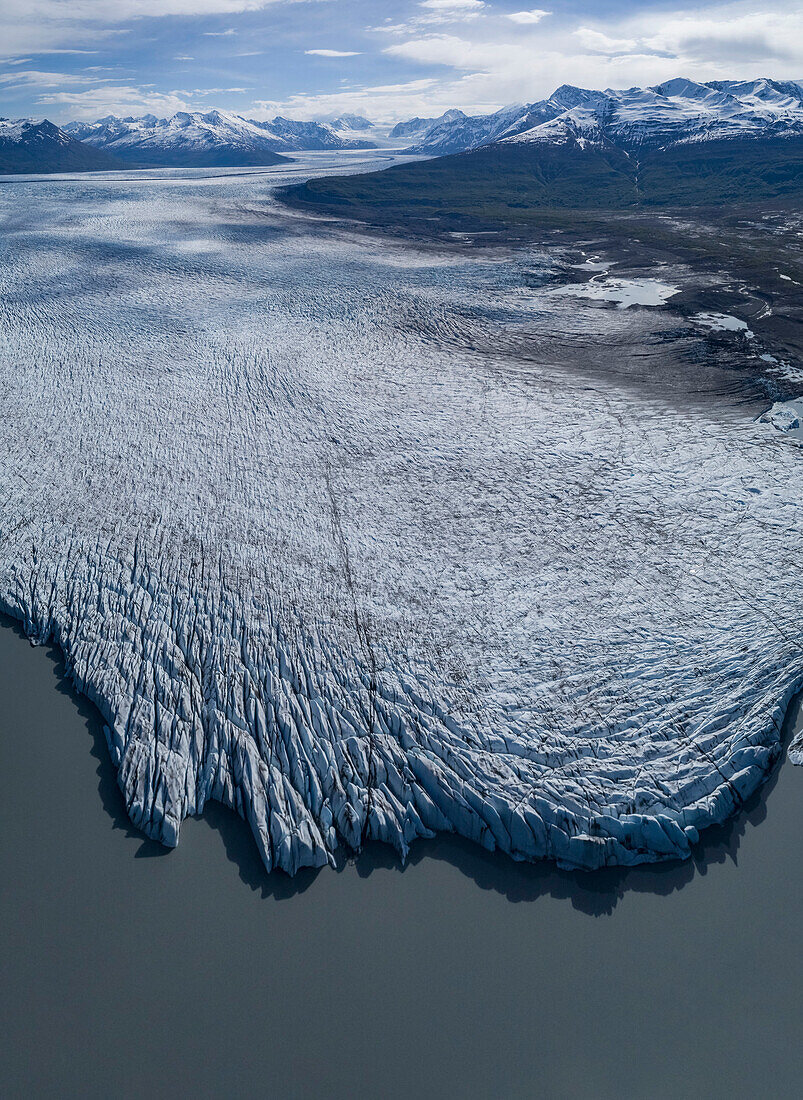 Aerial view of glacier by lagoon, Knik Glacier, Palmer, Alaska, USA