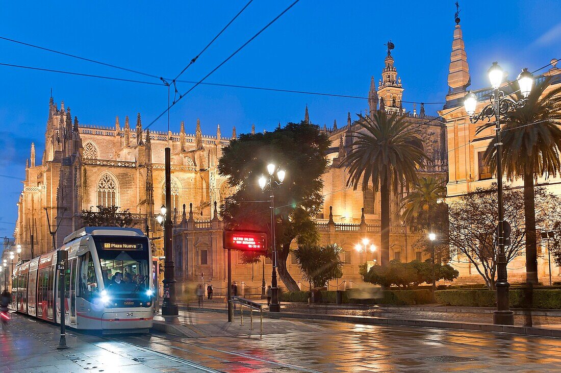 Avenue of the Constitution - Cathedral and Metrocentro tram, Seville, Region of Andalusia, Spain, Europe.