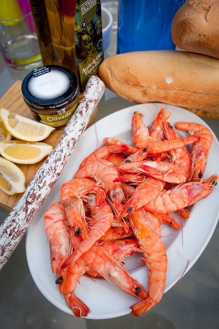 Ggambas served with bread, Seafood, Andalusia, Spain, Europe