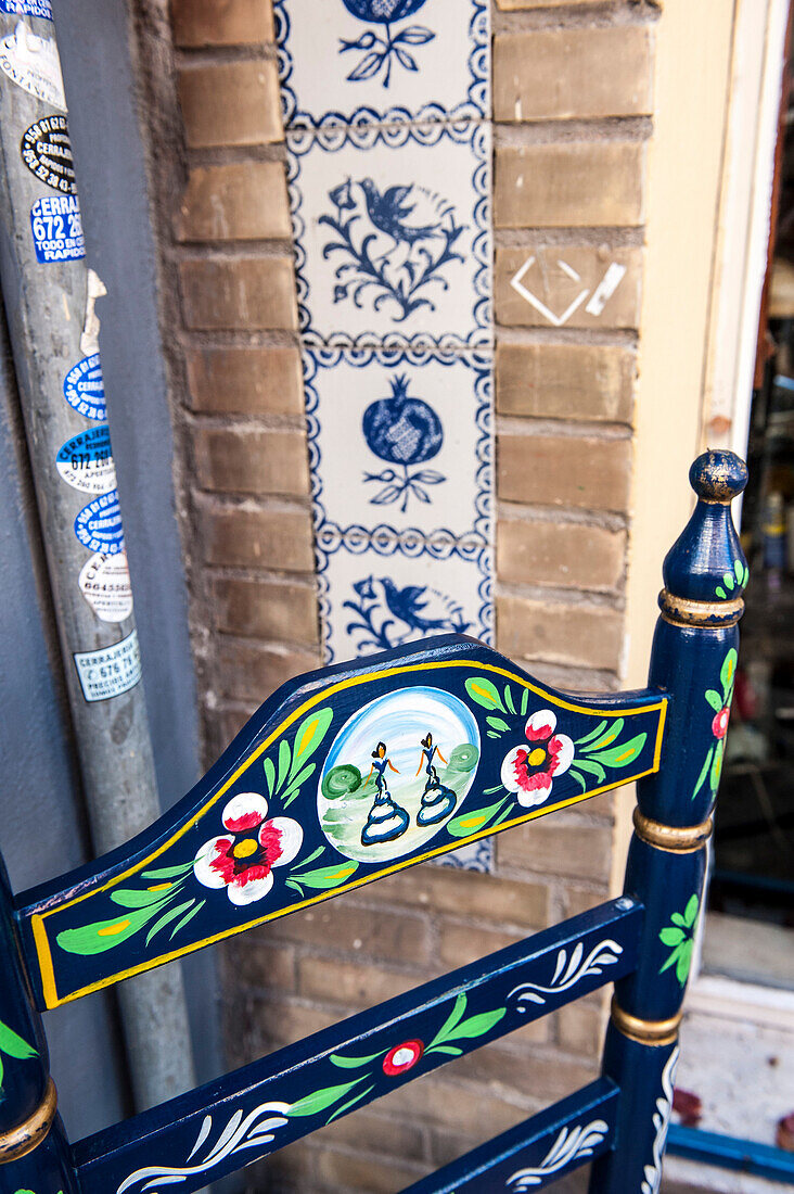 painted chair and tiles, Granada, Andalusia, Spain, Europe