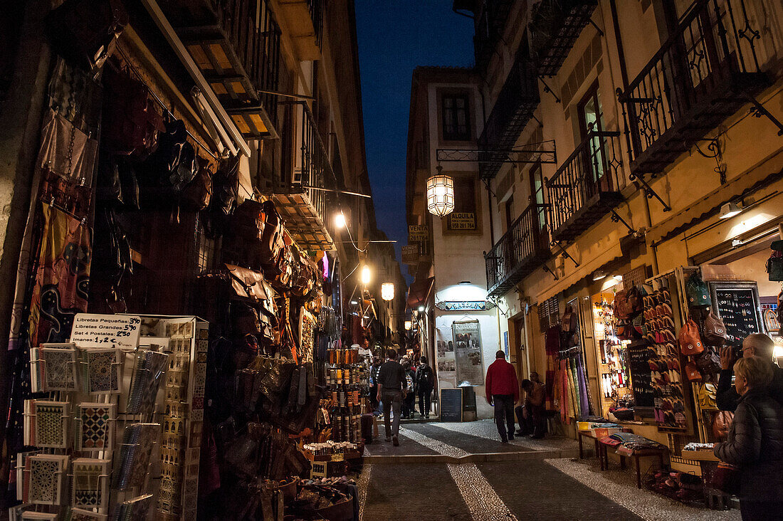 shopping street at night, Granada, Andalusia, Spain, Europe